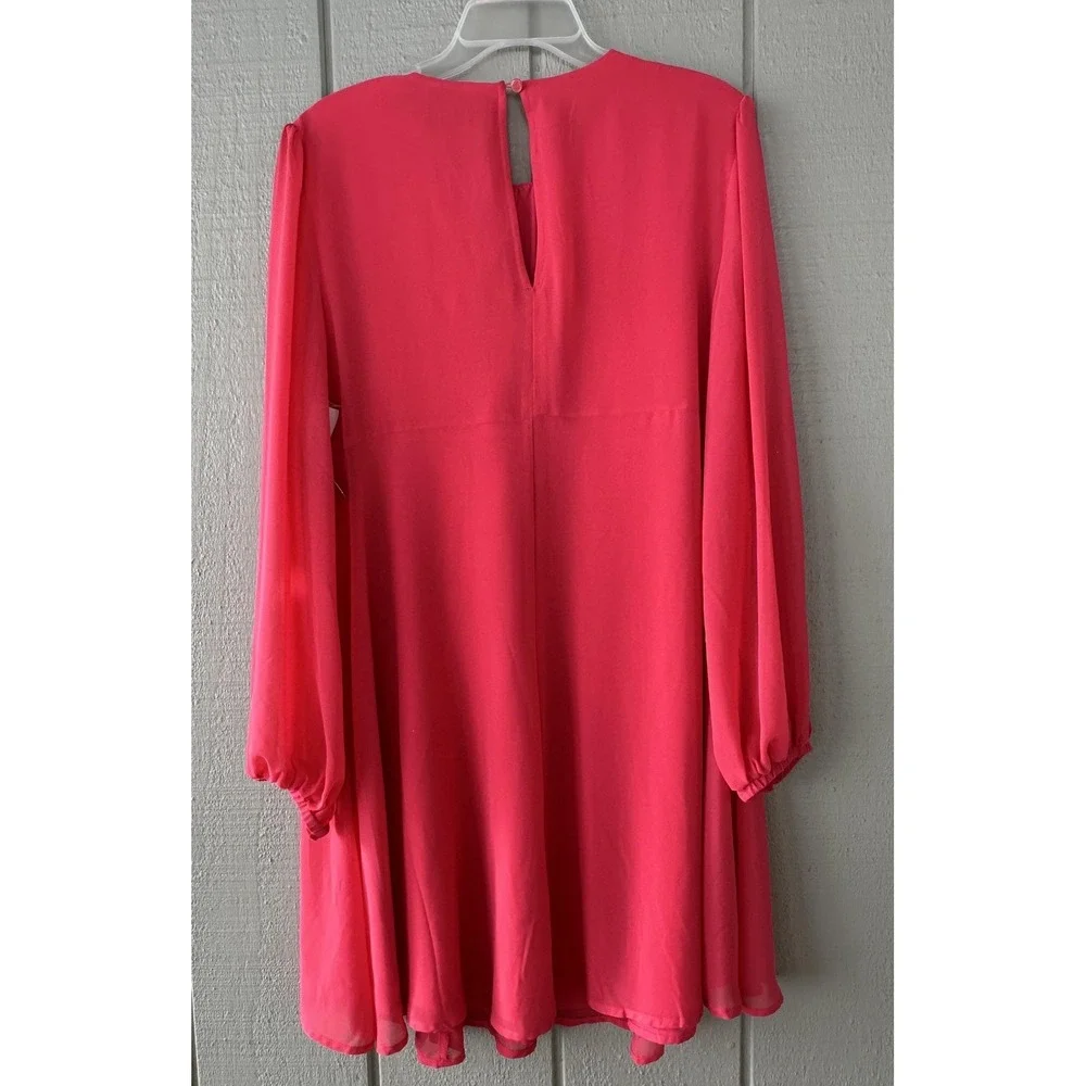 Eva Mendes NY & Co‎ Dress Womens 14 Pink Chiffon Swing Long Sleeve Keyhole